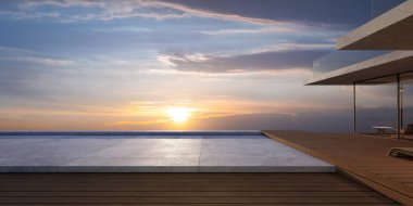 Çimento ve ahşap rıhtımlı modern ahşap ev dışı güzel bir günbatımı gökyüzüne bakıyor. Geri çekilme ve mükemmel kaçış konsepti. Gerçekçi 3D resim oluşturma.