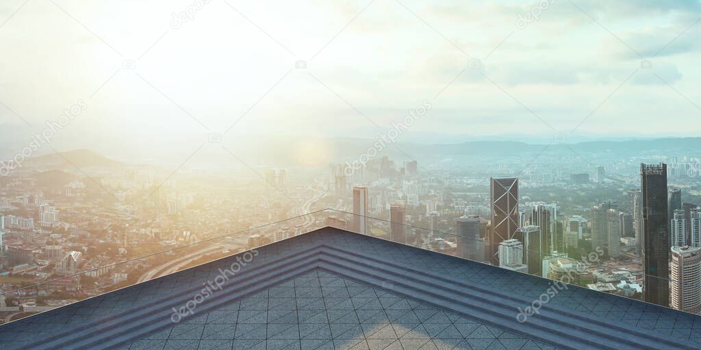 Perspective view of empty concrete tiles floor of rooftop with city skyline, Morning scene