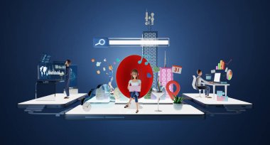 Sanal ofiste çalışan akıllı veri platformlu iş adamları. Çizelgeler, grafikler, stratejiler, yönetim, online iletişim, sosyal ve vaaz kavramları analiz ediliyor. 3d oluşturma.