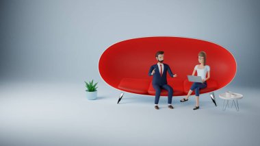 Çizgi film karakteri iş adamı ve kırmızı koltukta oturan dizüstü bilgisayar kullanan kadın. İş görüşmesi konsepti. 3d oluşturma