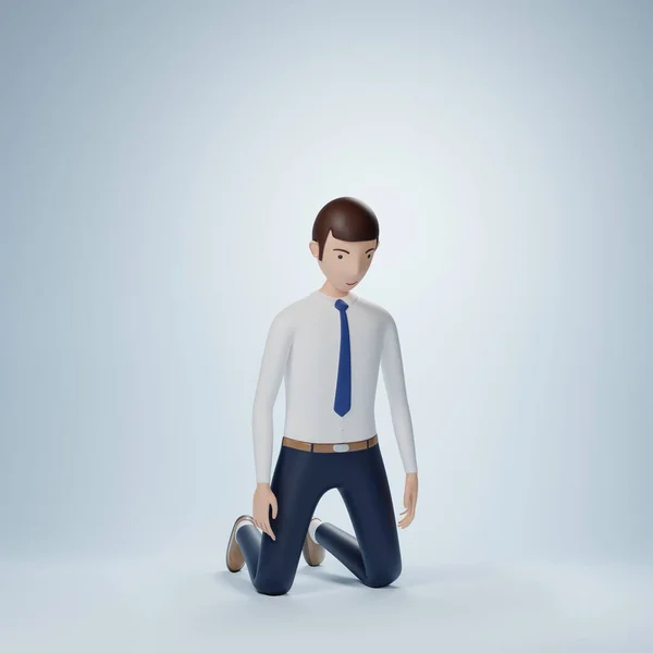 Businessman cartoon character kneeling pose isolated on light blue background. 3d rendering with clipping path.