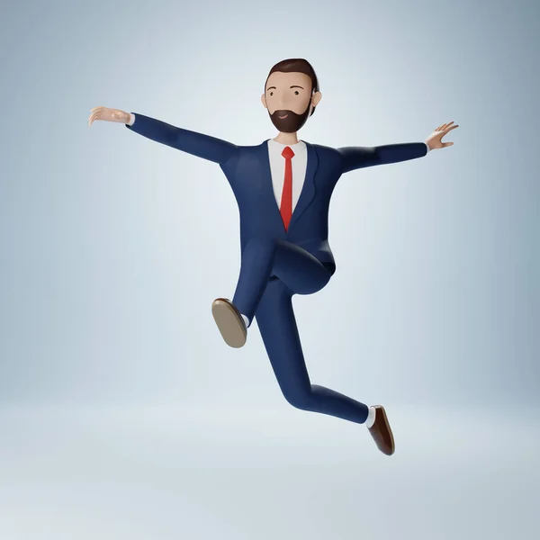 Empresario Personaje Dibujos Animados Saltar Pose Aislado Sobre Fondo Azul — Foto de Stock