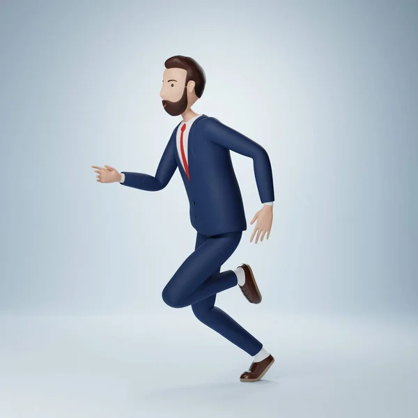 Empresario Personaje Dibujos Animados Corriendo Pose Aislado Sobre Fondo Azul — Foto de Stock