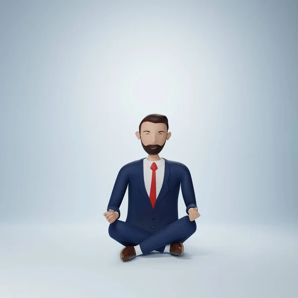 Empresario Personaje Dibujos Animados Sentado Postura Yoga Aislado Sobre Fondo — Foto de Stock