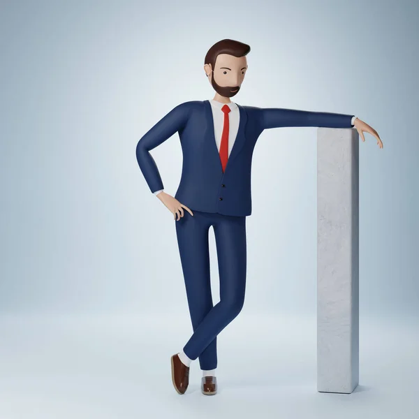 Businessman cartoon character standing and thinking pose isolated on light blue background. 3d rendering with clipping path.