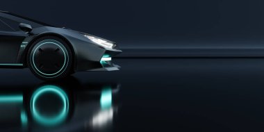 Yakın plan, siyah arka planda markasız jenerik konsept siyah elektrikli araba. Yan görüş. 3B illüstrasyon oluşturma