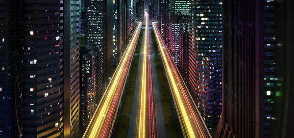 Spectaculaire Moderne Stad Nachts Met Lichte Paden Weergave Van Denkbeeldig — Stockfoto