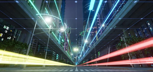 Inteligentne Miasto Szybkością Światła Połączenia Danych Koncepcja Technologii Renderowanie — Zdjęcie stockowe