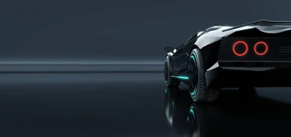 黒を背景に存在しないブランドのない一般的なコンセプトブラック電気自動車のバックビュー 3Dイラストレンダリング — ストック写真