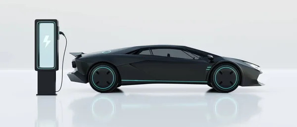 白を背景に充電ステーション付きの存在しないブランドのない一般的なコンセプトブラックスポーツ電気自動車 未来的な自動車技術の概念 3Dイラストレンダリング — ストック写真