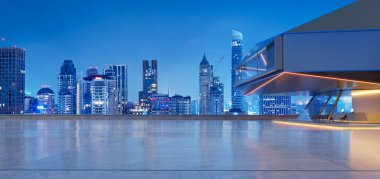 Çelik ve cam kaplamalı boş beton zeminin yatay görüntüsü. Gece sahnesi. Fotorealistik 3B oluşturma.