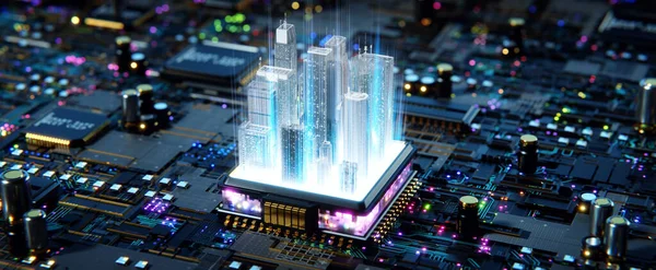 Procesador Chip Inteligente Con Edificios Concepto Ciudad Inteligente Renderizado —  Fotos de Stock
