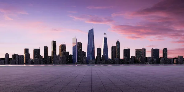 Panoramic View Empty Concrete Tiles Floor City Skyline Early Morning — Zdjęcie stockowe