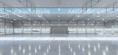 Parlatılmış beton zemini ve şeffaf cam çatısı olan sanayi tipi bir depo. 3d oluşturma