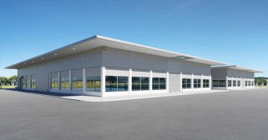 Boş asfalt zemini olan modern yeni fabrika binası. 3d oluşturma