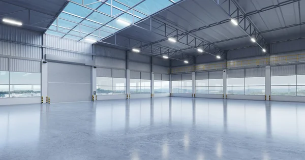 Innenraum Eines Industrielagers Mit Poliertem Betonboden Und Transparentem Glasdach Darstellung — Stockfoto