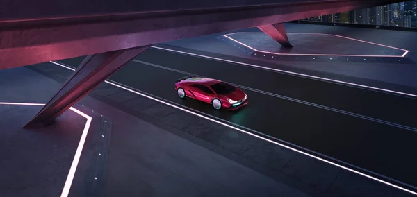 不存在品牌通用概念的红色跑车在桥下的道路上 在夜晚有着美丽的城市天际线背景 3D渲染和混合媒体组合 — 图库照片