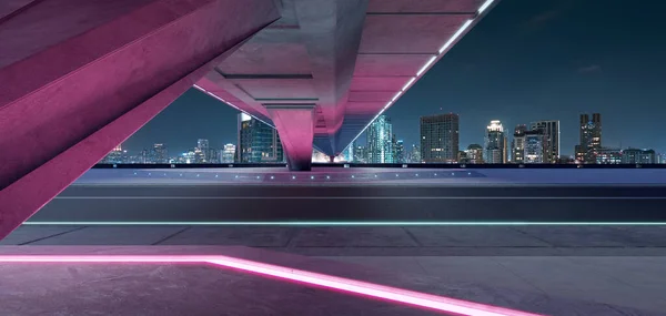 Üres Aszfalt Alatt Híd Éjszaka Folyamán Gyönyörű Város Városkép Háttér — Stock Fotó