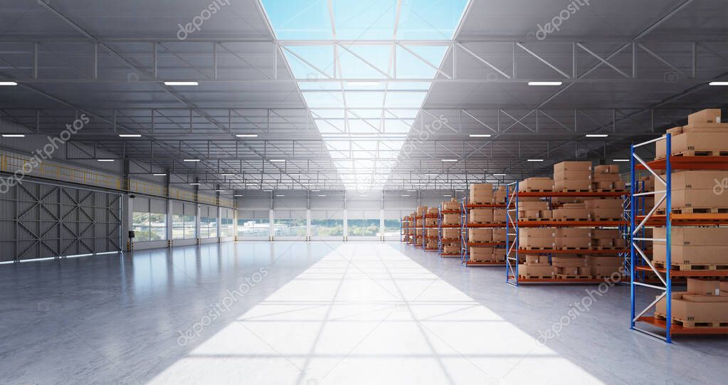 Warehouse with high shelves and goods. 3d rendering