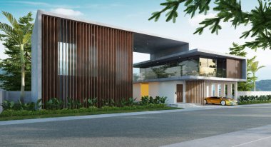 Lüks lüks konforlu, markasız konsept spor arabası ve tropikal bitkileri olan modern bir ev. Sakin bir sabah. 3d oluşturma