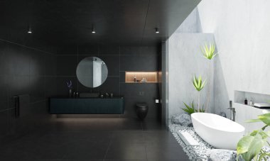 Lüks banyo tarzı. Siyah mermer ve beyaz çimento. 3B görüntüleme