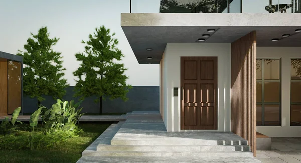 现代舒适的房子 热带花园和水泥楼梯 宁静的早晨 3D渲染 — 图库照片
