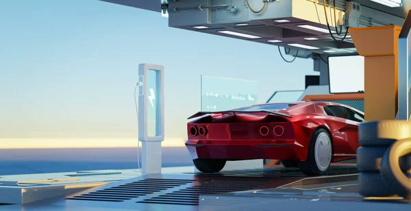未来车库里根本不存在没有品牌的通用概念红色跑车 3D渲染 — 图库照片