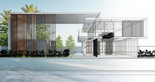 Sketch and drafting of a modern cozy house becoming real. 3d illustration