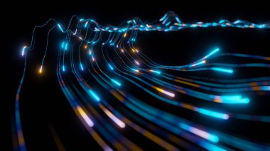 Fiber optik çizgiler veri sinyalleri gönderiyor ve soyut bir ağ iletişimi yaratıyor. 3d oluşturma