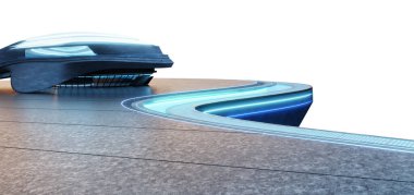 Pürüzsüz, kıvrımlı çizgileri, mavi LED neon ışıkları ve modern çatı terası olan fütüristik bir şirket binası. Pürüzsüz mimari tasarım ve parıldayan elementler teknoloji markalaşması, yenilikçilik için ideal yüksek teknoloji ve profesyonel bir atmosfer yaratıyor.