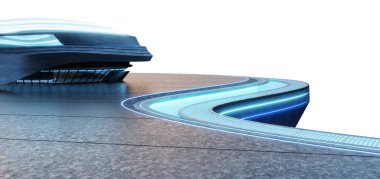 Pürüzsüz, kıvrımlı çizgileri, mavi LED neon ışıkları ve modern çatı terası olan fütüristik bir şirket binası. Pürüzsüz mimari tasarım ve parıldayan elementler teknoloji markalaşması, yenilikçilik için ideal yüksek teknoloji ve profesyonel bir atmosfer yaratıyor.