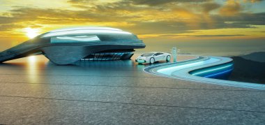 Modern bir binanın yanındaki yüksek teknolojili, kıvrımlı çatı platformunda, dağlık bir arazide çarpıcı bir günbatımı olan beyaz elektrikli bir araç. 3d oluşturma