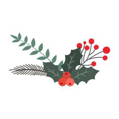 Christmas holly and pine branch decorations with red berries on white background.