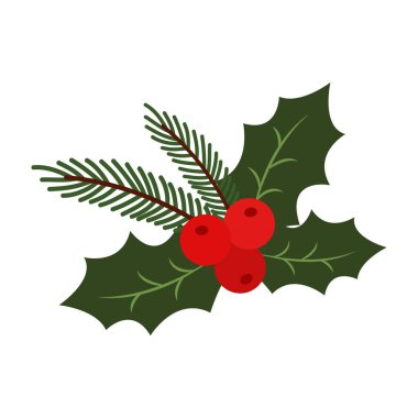 Christmas holly and pine branch decorations with red berries on white background.