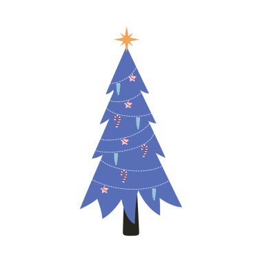 Decorative Christmas trees with stars and colorful festive ornaments.