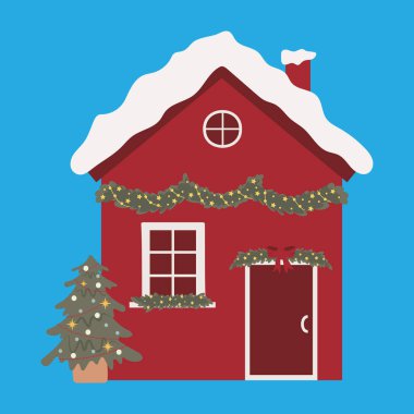 Festive winter houses decorated with lights, wreaths, and snow.