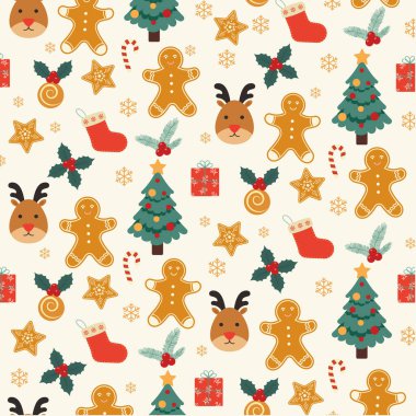 Şenlikli süslemeleri ve kış tatili unsurlarıyla kusursuz Noel şablonları. Paket kağıdı.