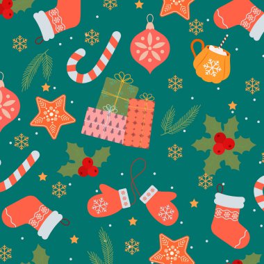 Şenlikli süslemeleri ve kış tatili unsurlarıyla kusursuz Noel şablonları. Paket kağıdı.