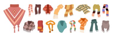 Winter clothing illustrations showing coats, jackets, sweaters, accessories and warm outfits set.