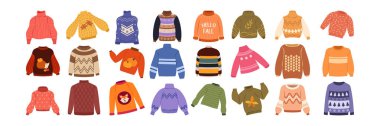 Winter clothing illustrations showing coats, jackets, sweaters, accessories and warm outfits set.