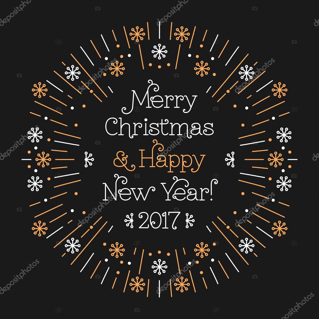 Merry Christmas and Happy New Year 2017 Frame Elegant minimal design in the style of a thin line art Vector Minimalistic Holiday greeting card