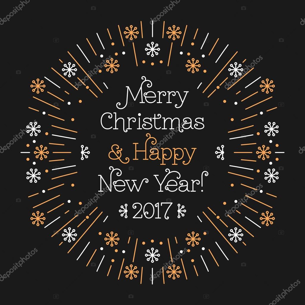 Merry Christmas and Happy New Year 2017 Frame Elegant minimal design in the style of a thin line art Vector Minimalistic Holiday greeting card