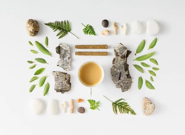 크리에이 티브 자연 레이아웃 만든 나뭇잎, 돌, 그리고 나무 껍질. — 스톡 사진