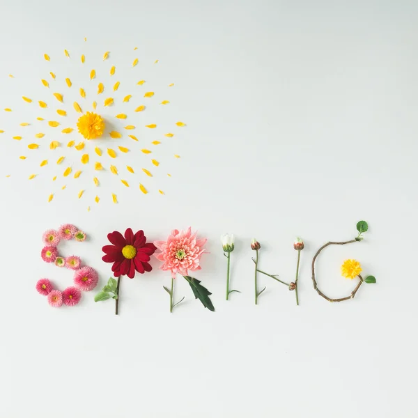 Słowo "wiosna" wykonane z kwiatów — Zdjęcie stockowe