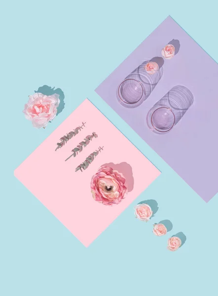 Creative Natural Minimal Flat Lay Layout Flowers Glasses Mother Day — Stock Photo, Image