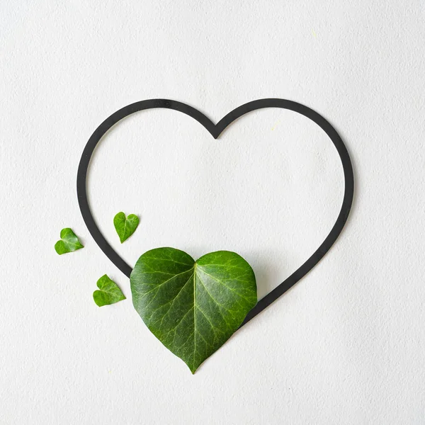 Folhas Forma Coração Com Decoração Plano Mínimo Colocar Fundo Verde — Fotografia de Stock