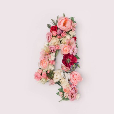 Gerçek doğal çiçek ve yapraklardan yapılmış 4 numara. Flower font konsepti. Eşsiz harf ve sayı koleksiyonu. Bahar, yaz ve sevgililer günü yaratıcı fikri.