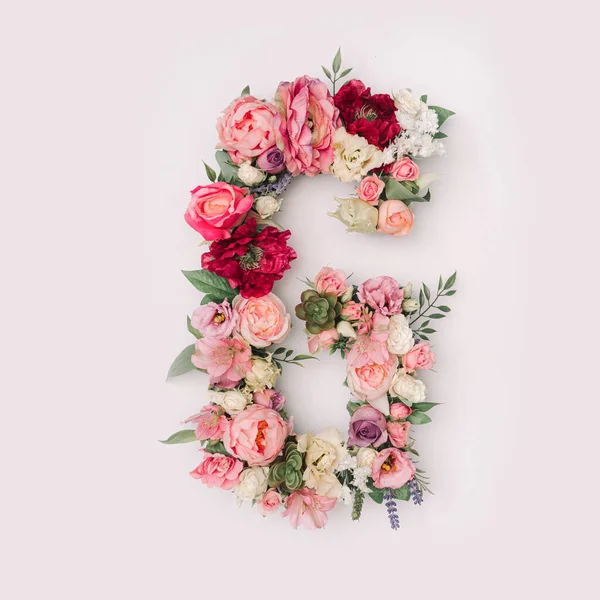 字母G是由真正的自然花朵和树叶制成的 花卉字体的概念 独特的信件和数字的集合 夏天和情人节的创意 — 图库照片