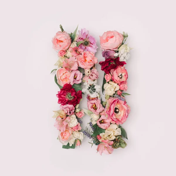 N harfi gerçek doğal çiçek ve yapraklardan yapılmıştır. Flower font konsepti. Eşsiz harf ve sayı koleksiyonu. Bahar, yaz ve sevgililer günü yaratıcı fikri.