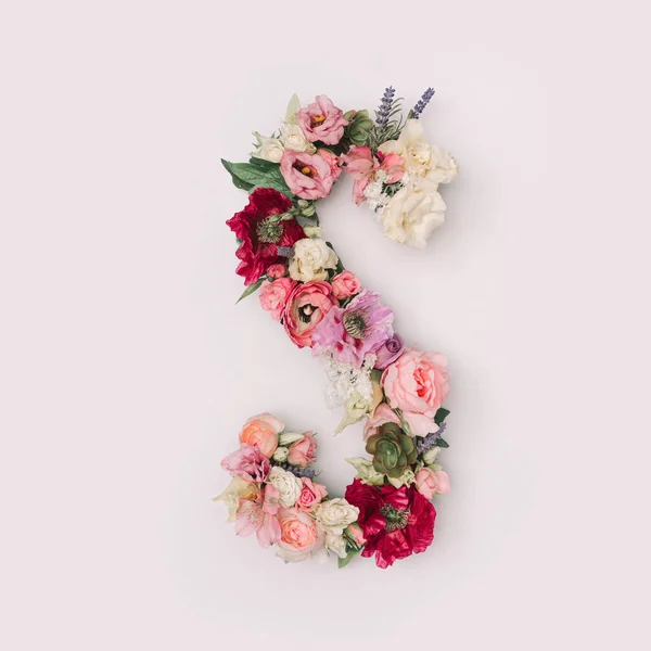 字母S是由真正的自然花朵和树叶组成的 花卉字体的概念 独特的信件和数字的集合 夏天和情人节的创意 — 图库照片